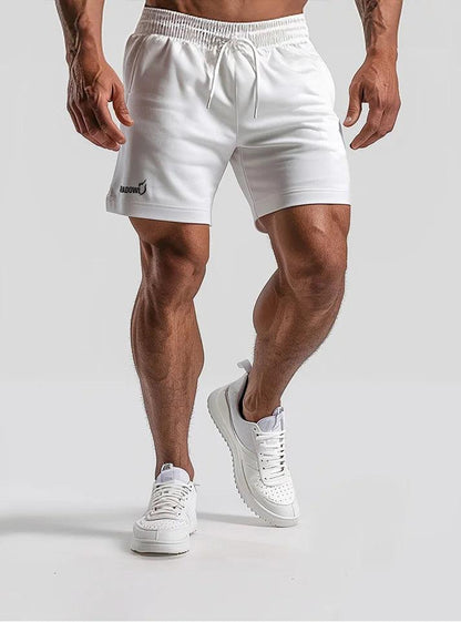 White Radowl GymFlex Shorts for men with logo on left leg, ideal for workouts and running with Radowl logo on left leg a perfect gym trunks for training at gym from radowl gym wear brand