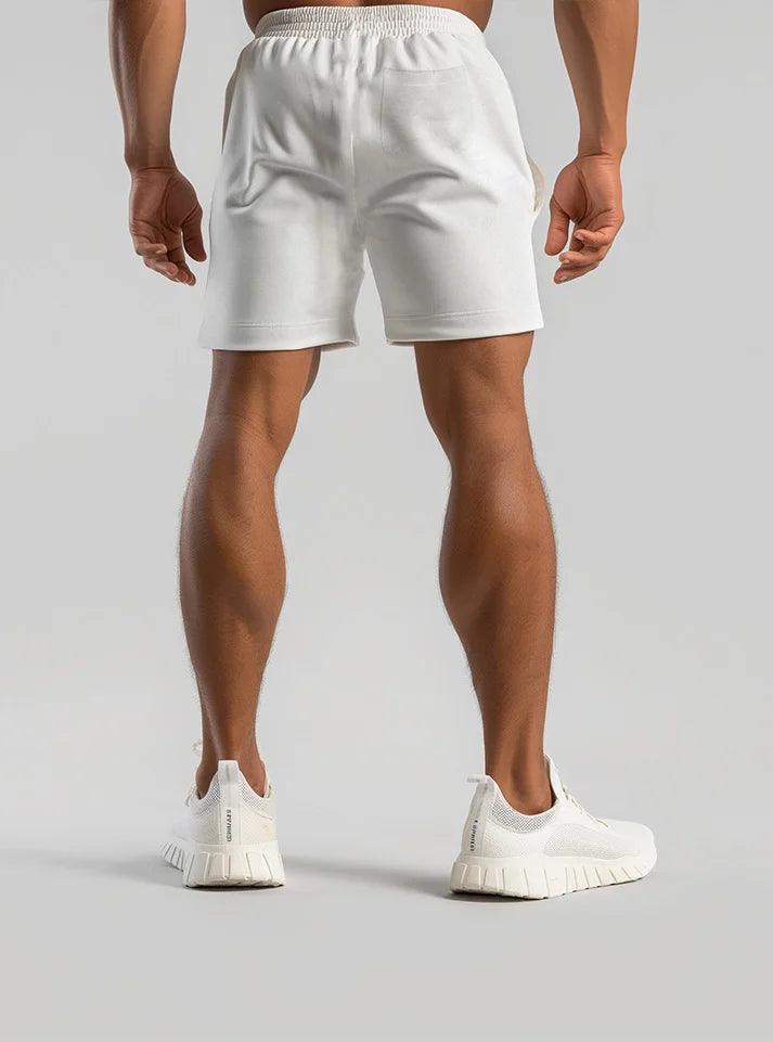 Radowl GymFlex exercise shorts for men white Durable, flexible gym shorts for men in white, featuring the Radowl logo in black. buy now from radowl gym wear brand