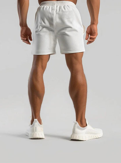 Radowl GymFlex exercise shorts for men white Durable, flexible gym shorts for men in white, featuring the Radowl logo in black. buy now from radowl gym wear brand