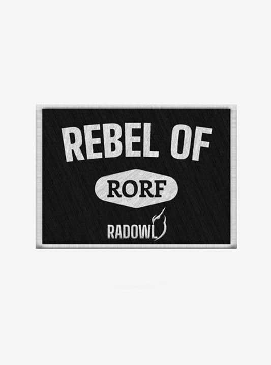 Rebel of RORF Patch for Gym Bag - Rectangle shape, black background with white embroidered RORF logo and 'Rebel of RORF' text. Perfect for personalizing workout bags or fitness gear, priced at ₹289 buy now at radowl, best gym wear brand