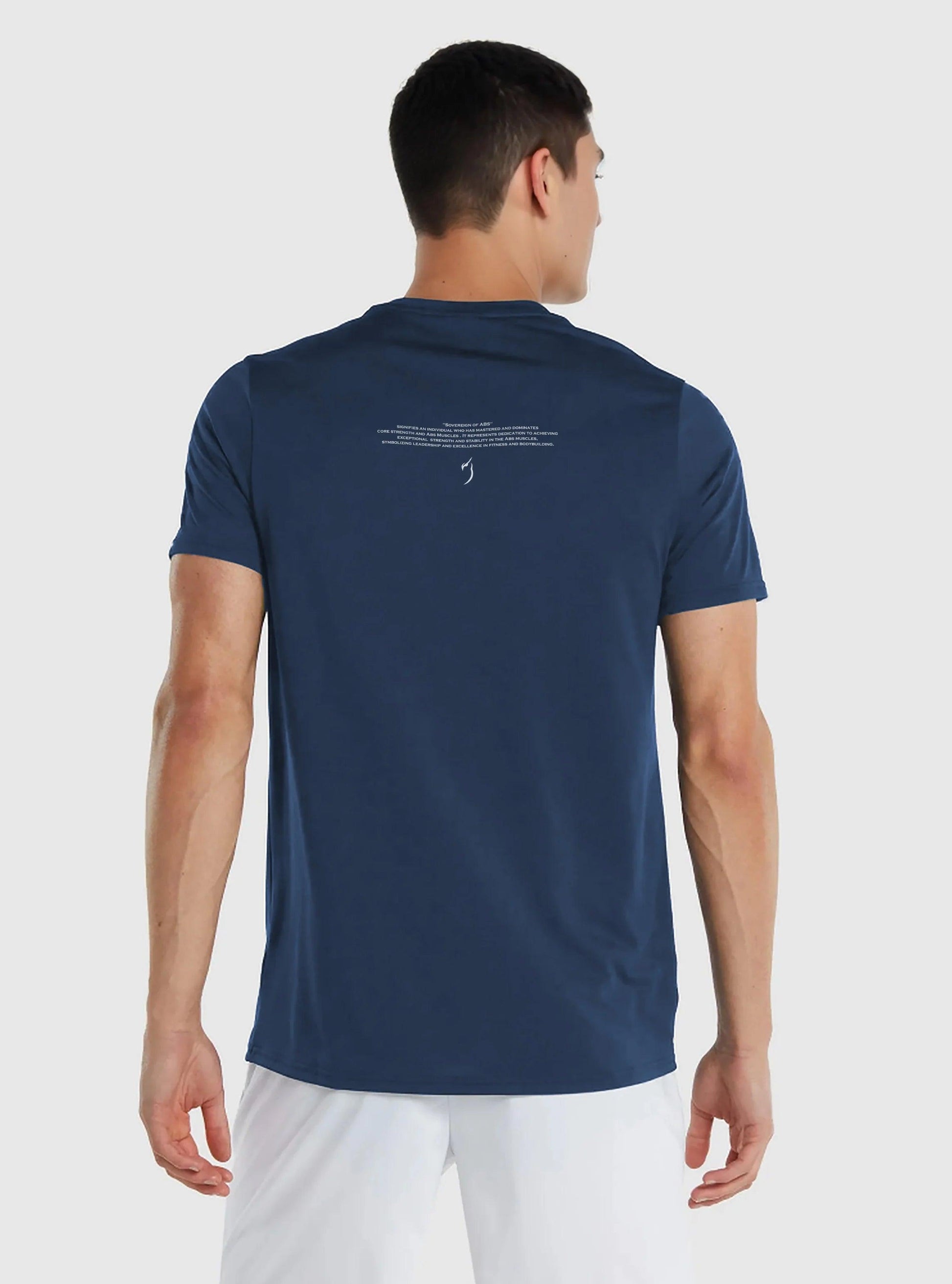 back model shot Men's slim fit Sovereign Of Abs gym t-shirt in navy, ideal for aesthetic t-shirt lovers and best exercise t-shirt seekers