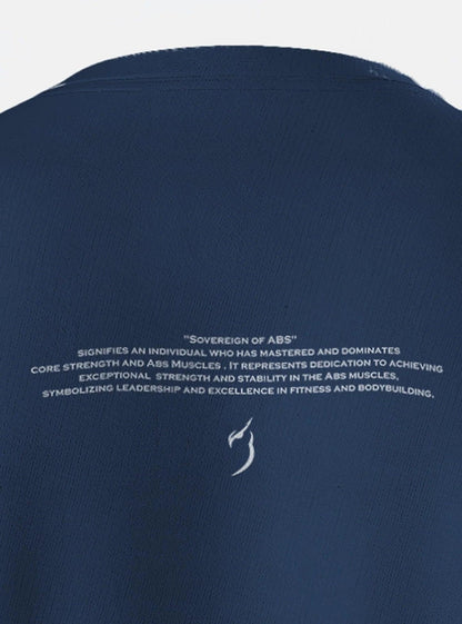 Men's fitness clothes: Sovereign Of Abs navy t-shirt, a must-have for gym men clothing and sports brands in India. back close up view