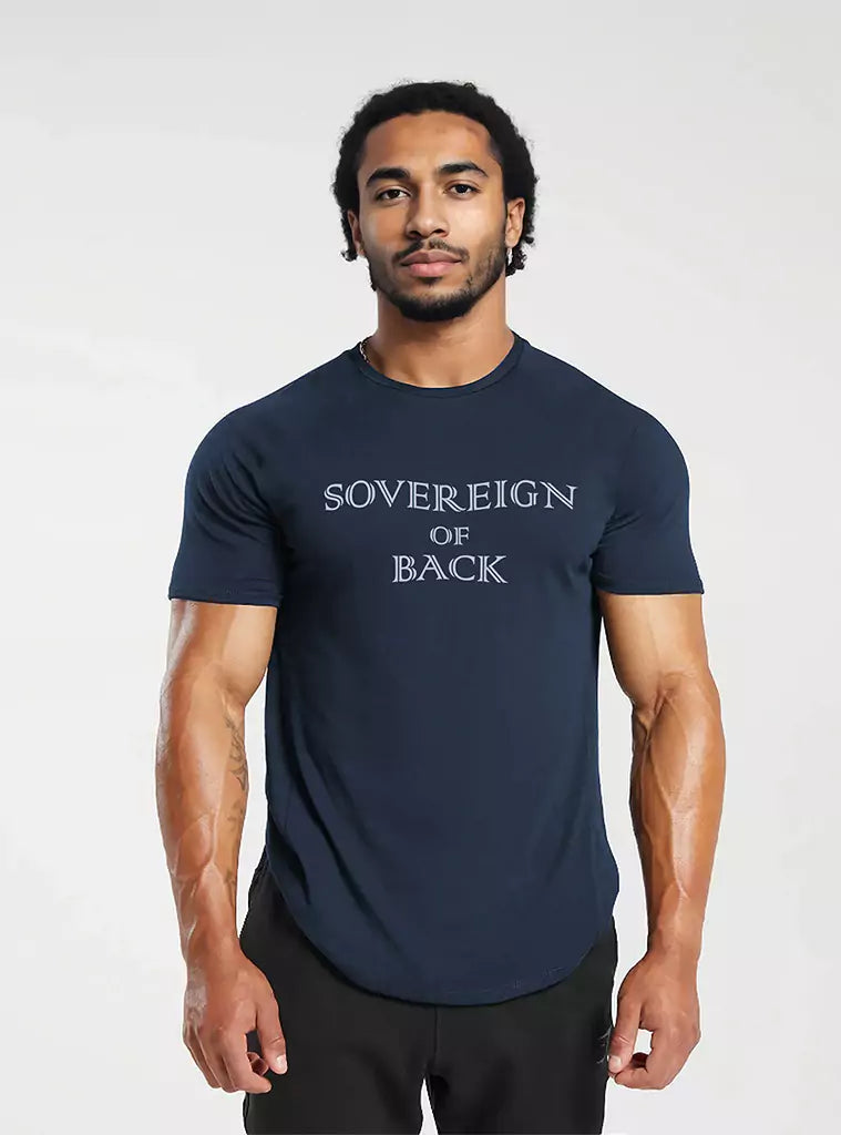 Men aesthetic t-shirt for gym, featuring Sovereign Of Back design in navy, perfect activewear clothing for back exercises and workouts