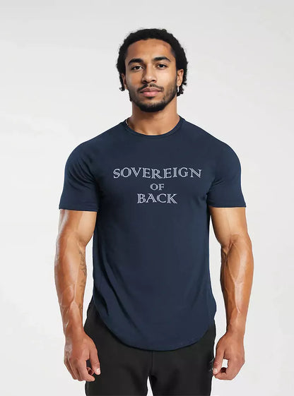 Men aesthetic t-shirt for gym, featuring Sovereign Of Back design in navy, perfect activewear clothing for back exercises and workouts