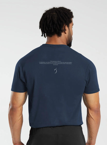 Back view of gym clothing for guys, showing the slim-fit design of the Sovereign Of Back navy t-shirt, ideal for fitness training and HIIT