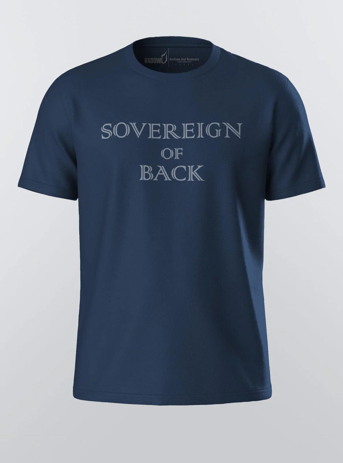 Front view of the Sovereign Of Back navy t-shirt, a must-have gym wear for men, combining style and performance in activewear clothing.