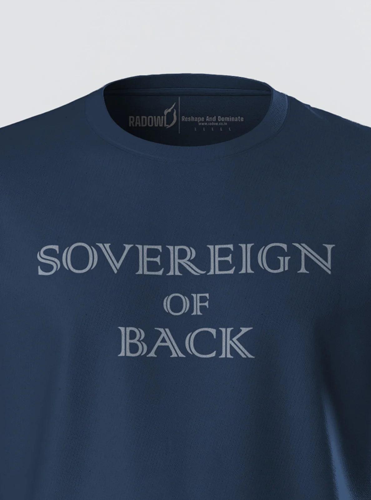 Front view of the Sovereign Of Back navy t-shirt, a must-have gym wear for men, combining style and performance in activewear clothing.