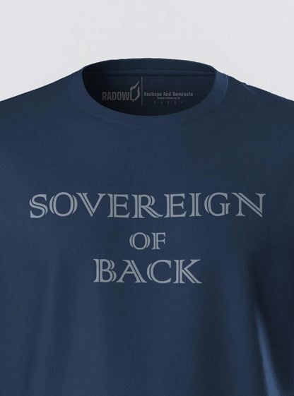 Front view of the Sovereign Of Back navy t-shirt, a must-have gym wear for men, combining style and performance in activewear clothing.