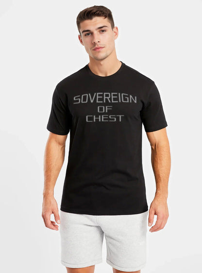 Front view of a model wearing the Sovereign Of Chest Black T-Shirt, perfect activewear clothing for men, designed for gym training, showcasing the slim-fit aesthetic t-shirt for men.
