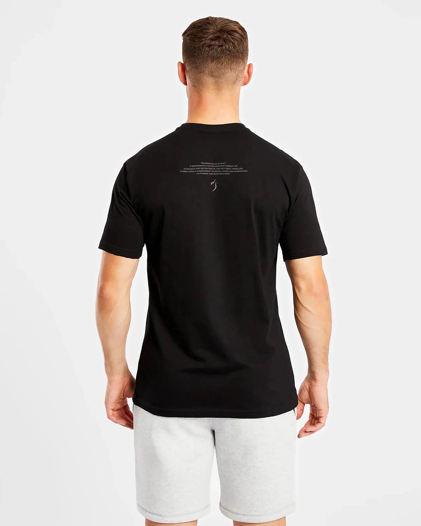 Back view of the Sovereign Of Chest Black T-Shirt on a model, highlighting the athletic t-shirt design, ideal gym clothing for men, and a great choice for workout apparel.
