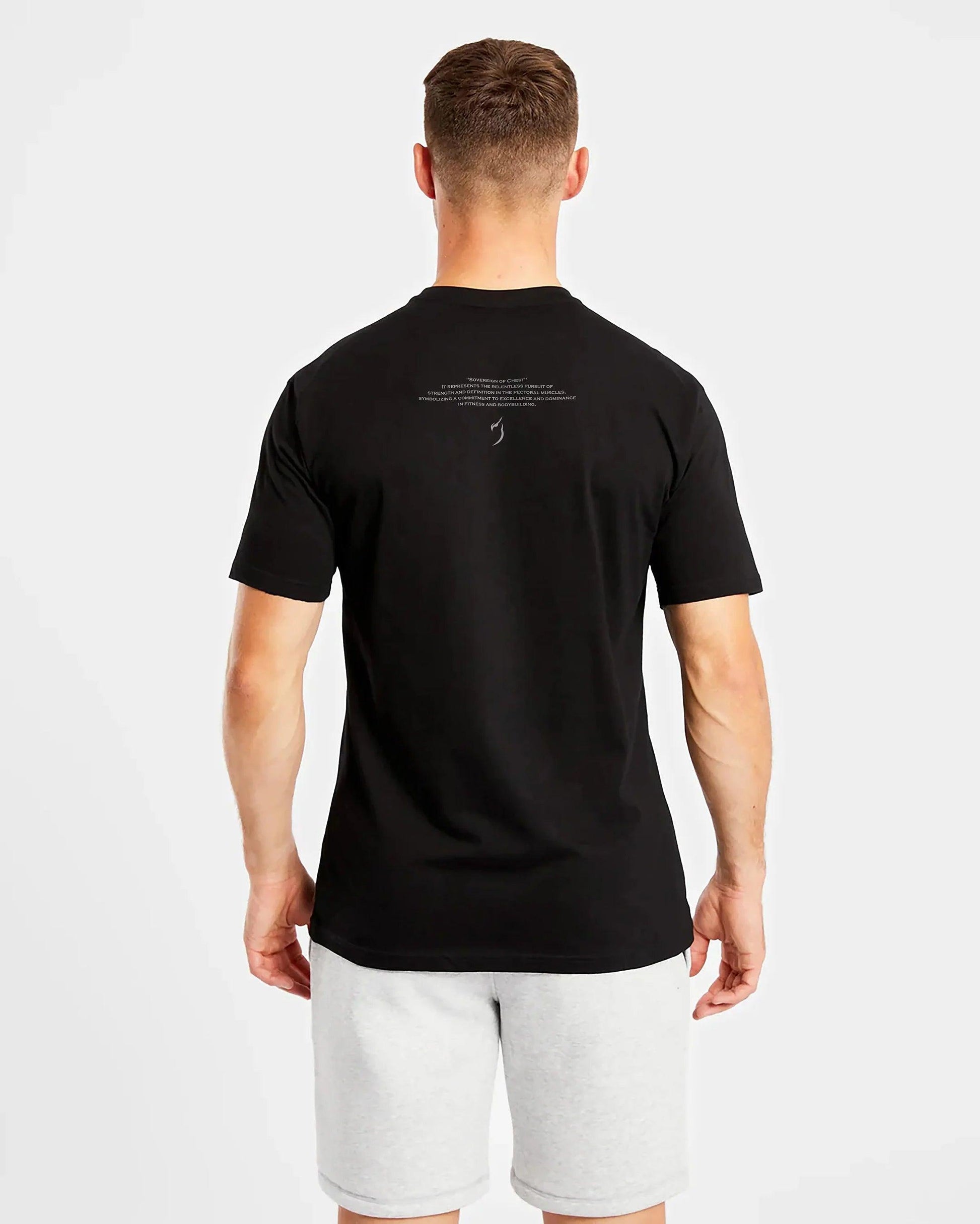 Back view of the Sovereign Of Chest Black T-Shirt on a model, highlighting the athletic t-shirt design, ideal gym clothing for men, and a great choice for workout apparel.