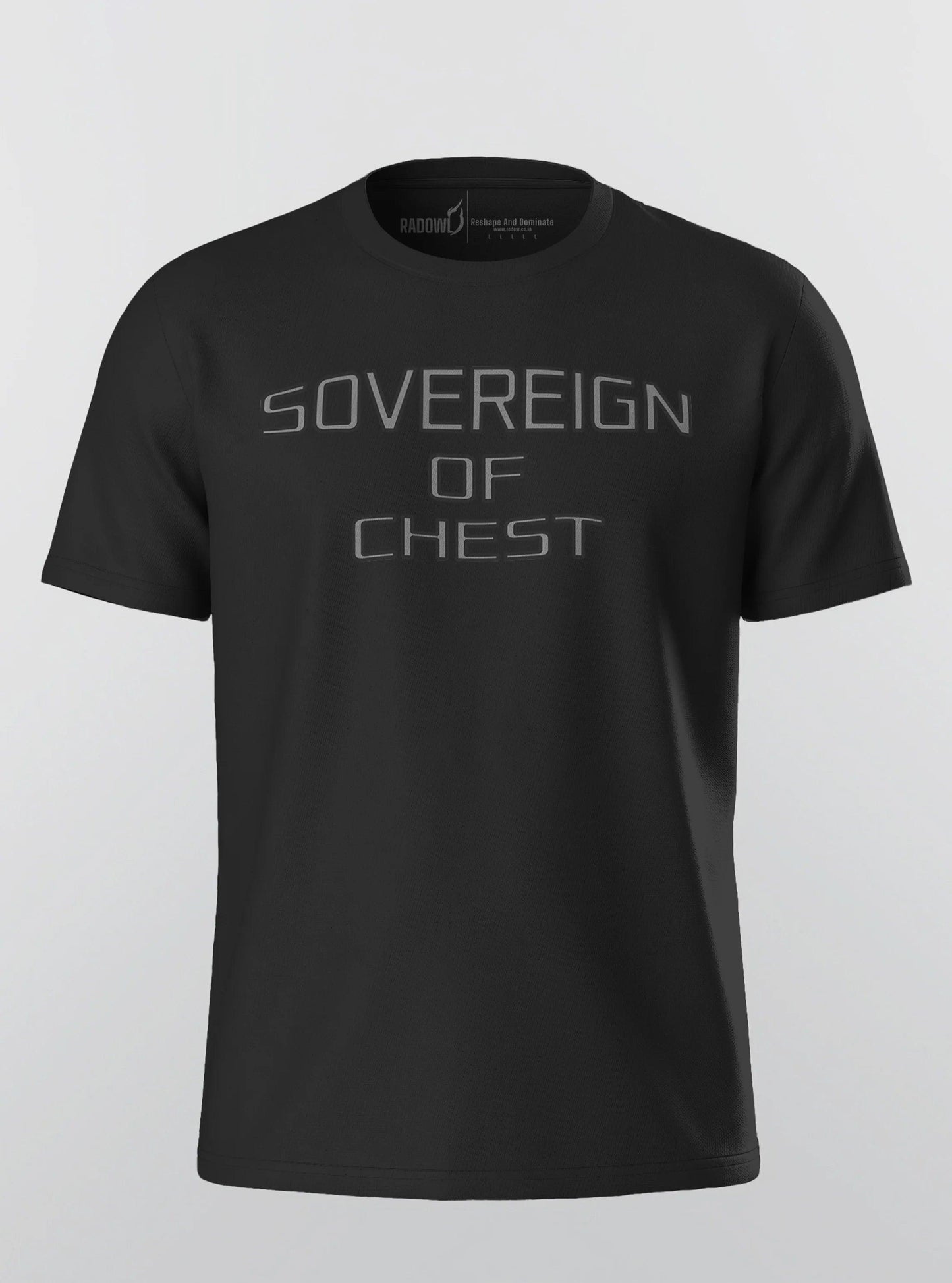 Detailed front view of the Sovereign Of Chest Black T-Shirt, showcasing the best men’s t-shirt for gym workouts and aesthetic outfit for men.