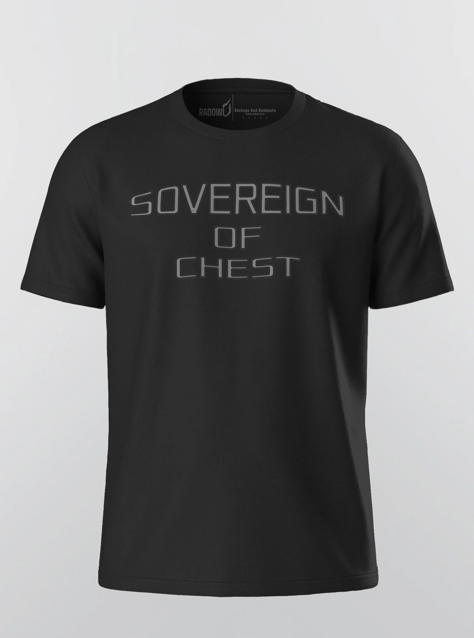 Detailed front view of the Sovereign Of Chest Black T-Shirt, showcasing the best men’s t-shirt for gym workouts and aesthetic outfit for men.