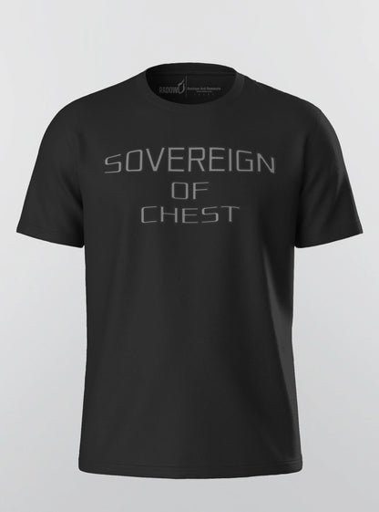 Detailed front view of the Sovereign Of Chest Black T-Shirt, showcasing the best men’s t-shirt for gym workouts and aesthetic outfit for men.