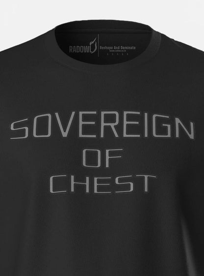 Close-up view of the Sovereign Of Chest print on the black t-shirt, emphasizing the detailed design and quality of this best exercise t-shirt for men.