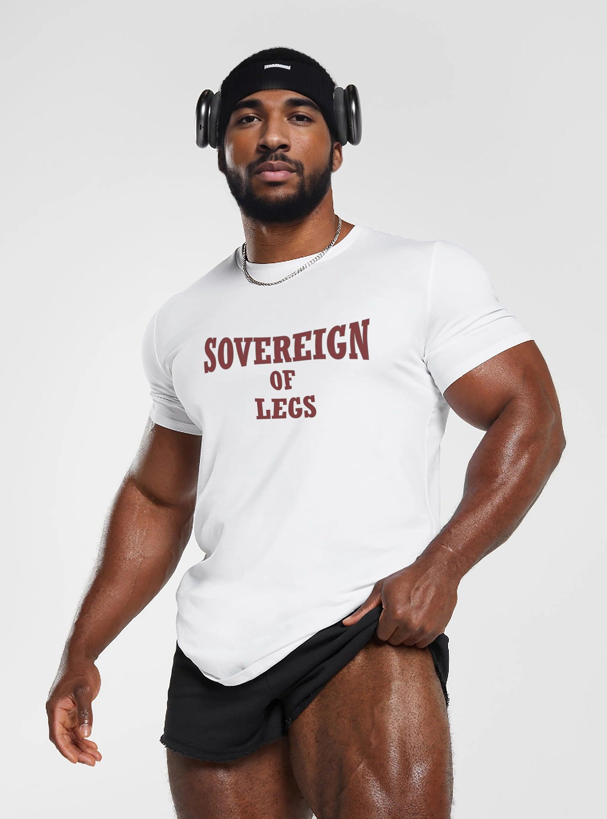 Man wearing Sovereign Of Leg White T-Shirt, showcasing slim fit design ideal for gym training. Features Sovereign Of Leg text, perfect for highlighting leg muscle progress. Aesthetic t-shirt men for gym clothing.