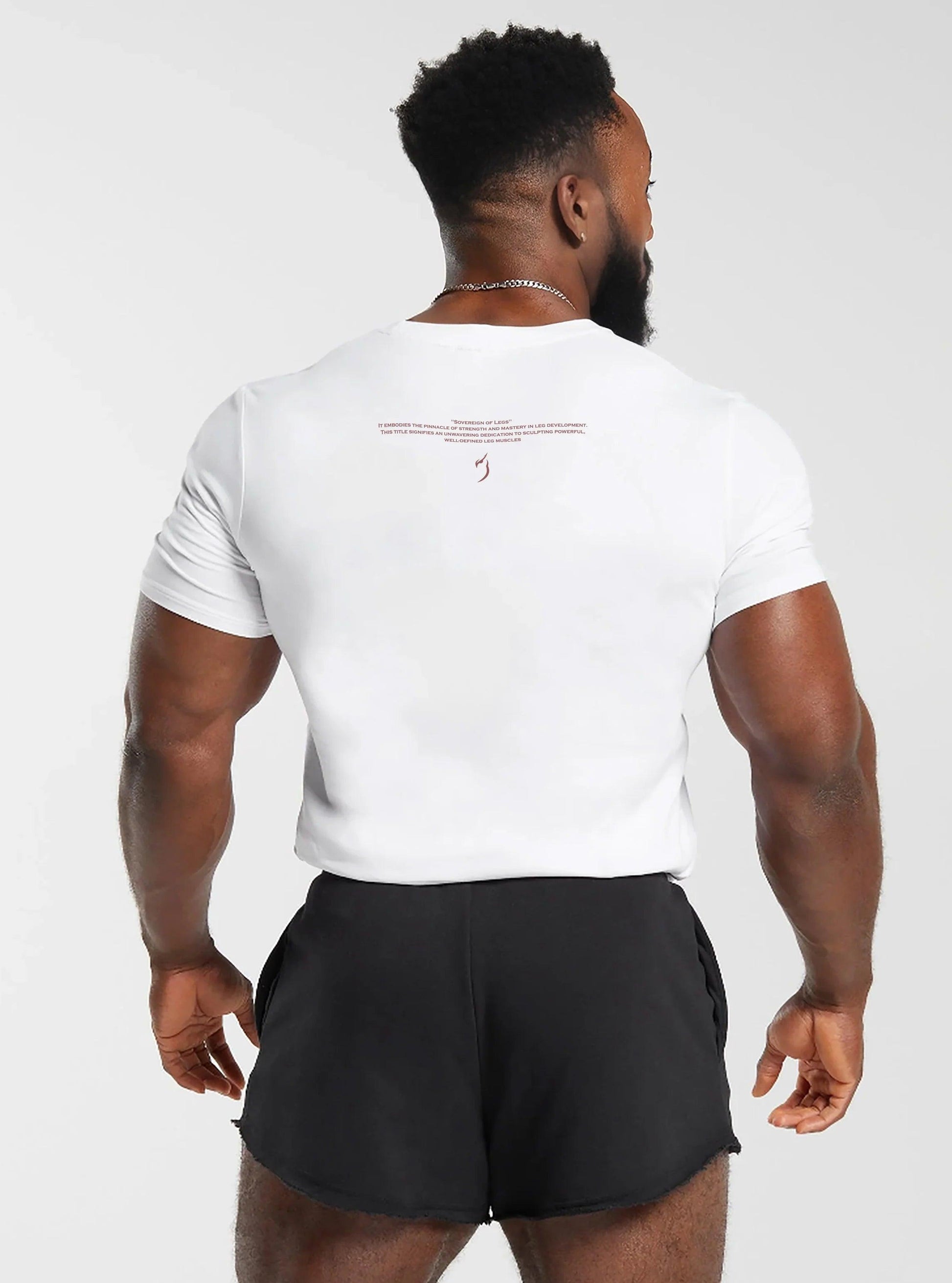 Back view of man in Sovereign Of Leg White T-Shirt, emphasizing slim fit and comfortable fabric. Ideal for gym workouts, this athletic t-shirt provides a sleek look for gym clothing for guys.