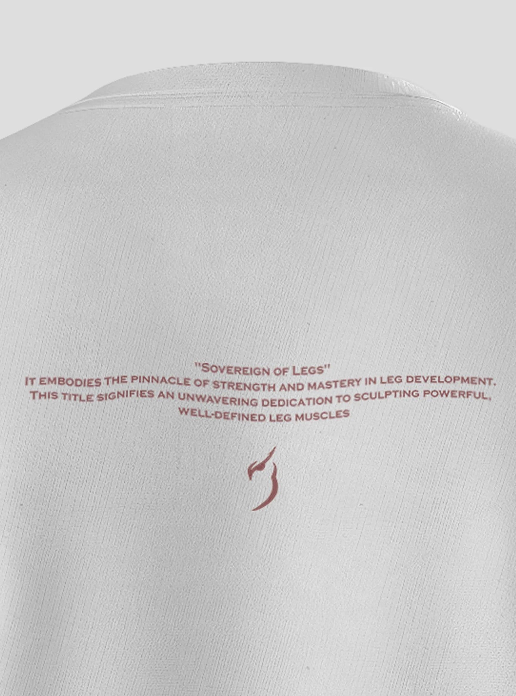 Detailed view of the back of Sovereign Of Leg White T-Shirt, highlighting the slim fit and premium fabric. Essential for those serious about their gym workout, blending style with functionality.