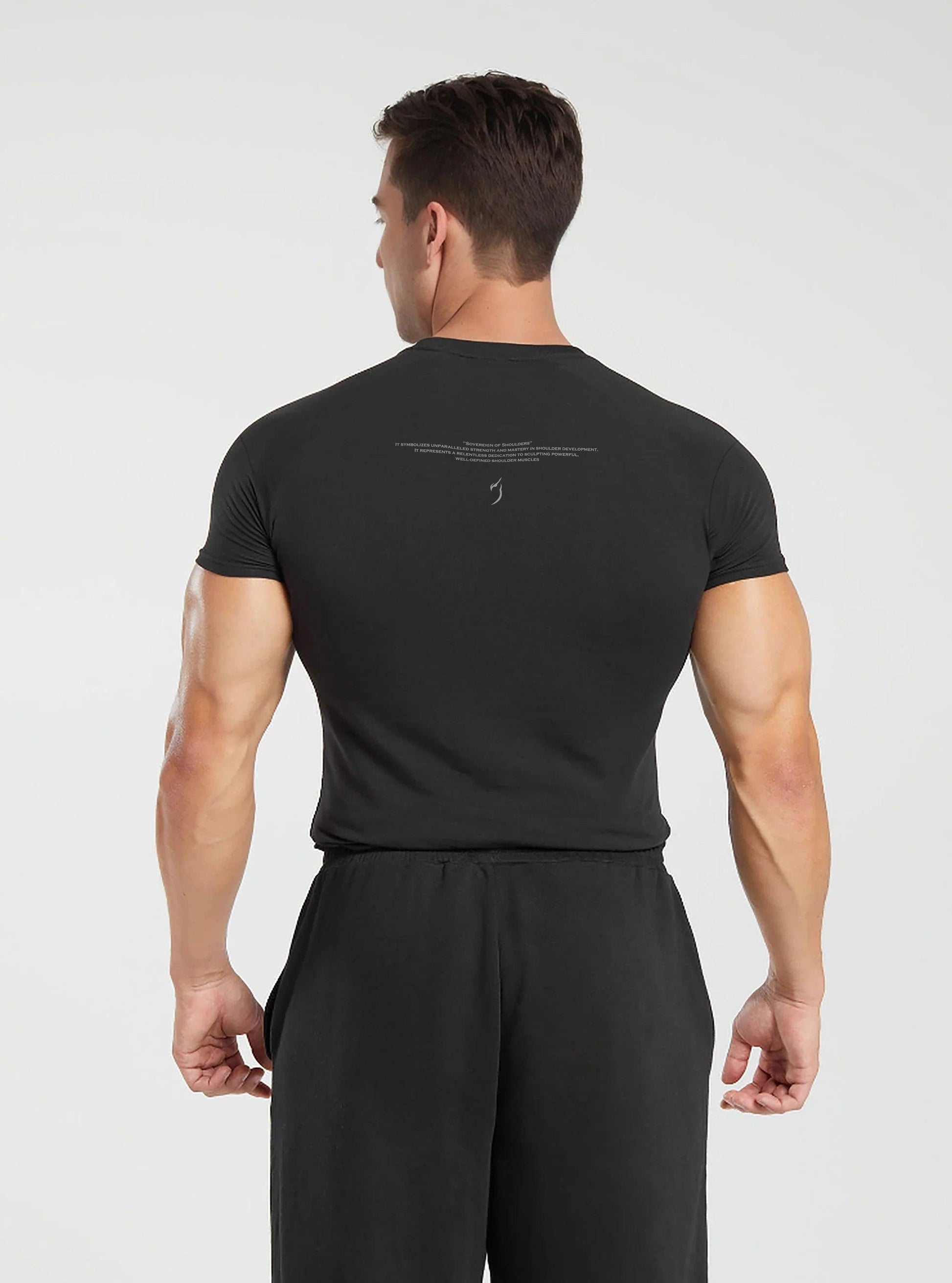 ack view of black aesthetic gym t-shirt for men, showcasing fit and style, perfect for fitness and workout sessions