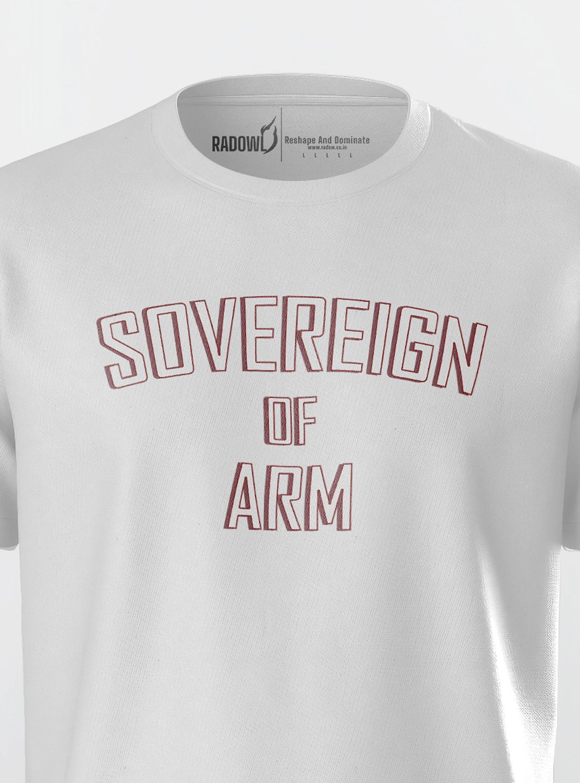 Close-up view of the 'Sovereign of Arm' print on the front of the white t-shirt, a high-quality workout apparel piece for men