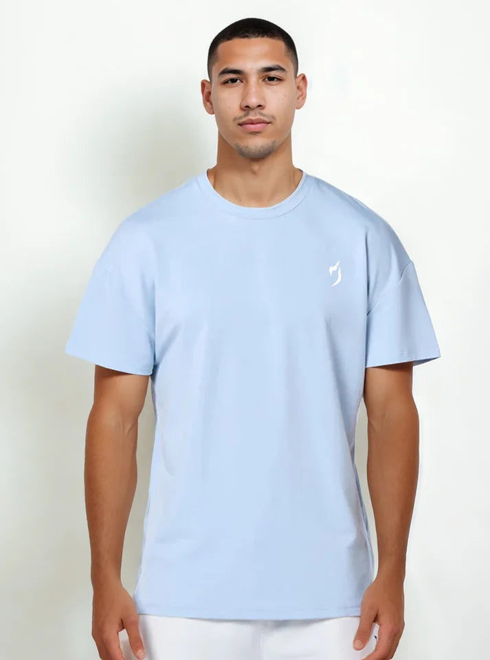 Front view of a male model wearing oversized gym tshirts for winter with ice blue colour, this tshirt have Radowl gym wear brand logo, it's a perfect tshirt for workout because half sleeve give you un restricted movement and hevy terry fabric keeps you warm.