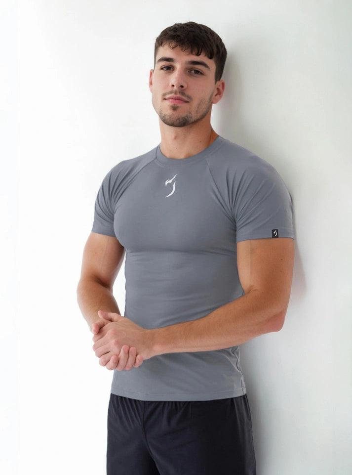Titan Flex Compression Grey Tshirt for men - gym compression t-shirt with 4-way stretch and quick-dry fabric, perfect for intense workouts.