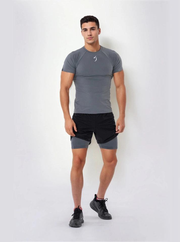 Ash grey men compression tshirt - half sleeve compression shirt ideal for gym sessions, featuring muscle support and a sleek Radowl logo