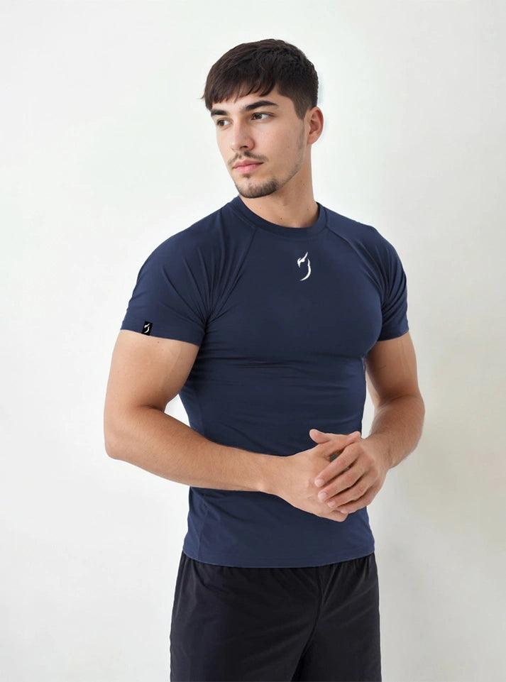 Navy compression tshirt for men with 4-way stretch and muscle support – perfect for gym workouts
