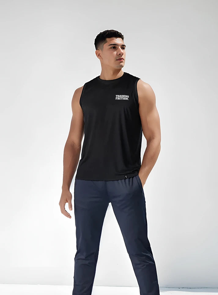 Front view of a male gym athlete wearing the Radowl 'Training Faction Black Gym Vest' in black.