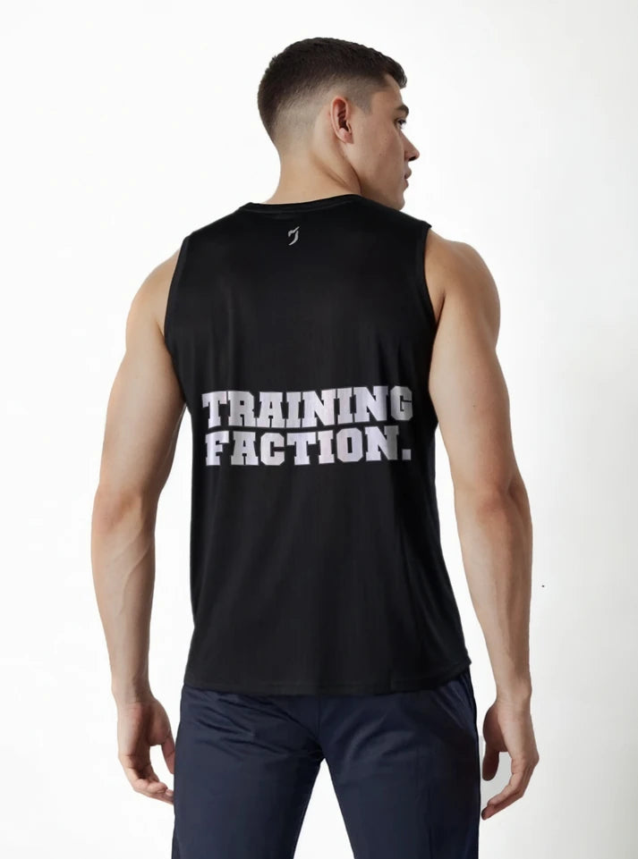 Back view of a male gym athlete wearing the Radowl 'Training Faction Black Gym Vest' in black, showcasing the sleeveless design and Training Faction branding for enhanced gym performance.