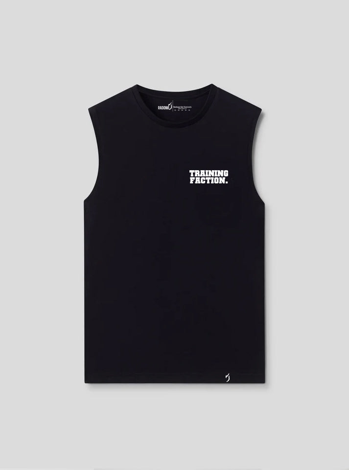 Front view of the Training Faction Black Gym Vest, a sleeveless gym t-shirt for men, placed on a white background.
