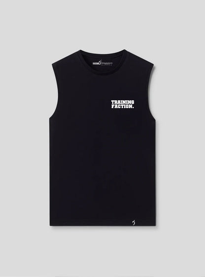 Front view of the Training Faction Black Gym Vest, a sleeveless gym t-shirt for men, placed on a white background.