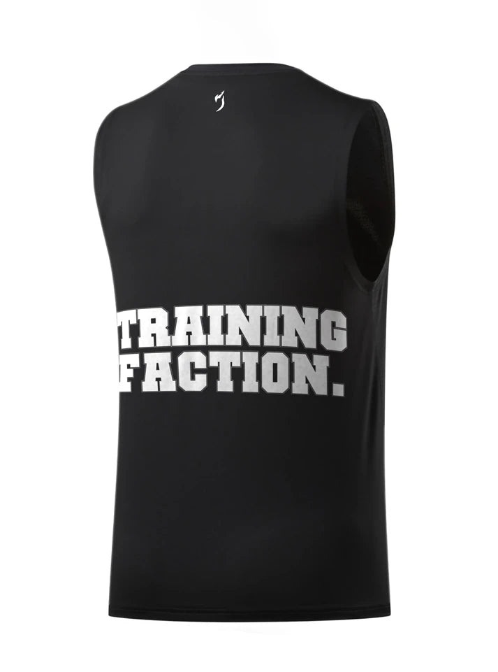 3D view of the back of the Training Faction Black Gym Vest, a sleeveless gym t-shirt for men, showcasing the design and fit.