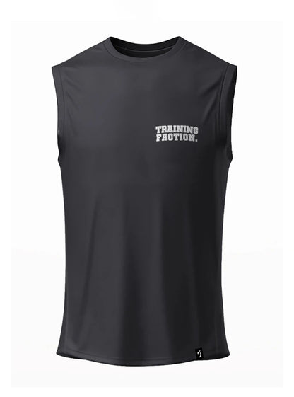 3D view of the front of the Training Faction Black Gym Vest, a sleeveless gym t-shirt for men, showcasing the design and fit.