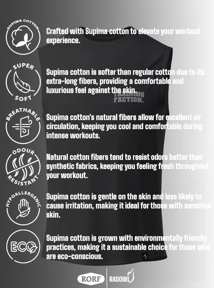 3D Front view of the Training Faction Black Gym Vest, a sleeveless gym t-shirt for men, designed for maximum airflow, enhanced gym performance, and a comfortable, breathable fit. Featuring the Training Faction print for a stylish look.