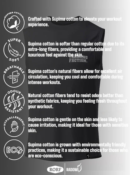 3D Front view of the Training Faction Black Gym Vest, a sleeveless gym t-shirt for men, designed for maximum airflow, enhanced gym performance, and a comfortable, breathable fit. Featuring the Training Faction print for a stylish look.